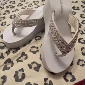 Revolution White Embellished Rhinestone Platform Flip Flops